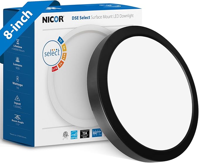 8” Round LED Surface Mount Ceiling Light - Dimmable Ceiling Light for Kitchen - Selectable CCT 2700K-5000K, 948-989 Lumens, 15.6W - DSE Edge-Lit Downlights for Ceiling, Black by NICOR Lighting
