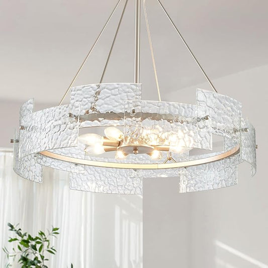 XINGQI 26" Large 8-Light Modern Silver Glass Chandelier Drum Light Fixture Round Water Ripple Pendant Lighting for Dining Room Living Room Kitchen Island Office
