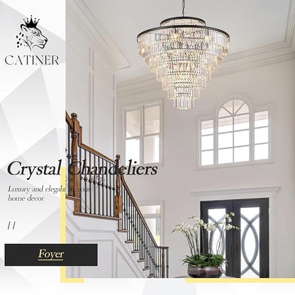 43.3" Large Crystal Chandeliers 28 Lights Black Modern Chandelier for Foyer Staircase High Ceiling 8 Tiers Round K9 Ceiling Pendant Lighting Fixture Luxury for Lobby Living Room