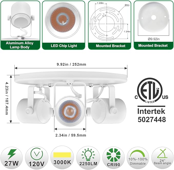 Arcfox 27W 3000K 3 Light LED Flush Mount Ceiling Spotlight Fixture Adjustable Round Track Lighting Fixtures Ceiling ETL, 24°, CRI90 for Living Room Bedroom Shop Accent Task Lighting