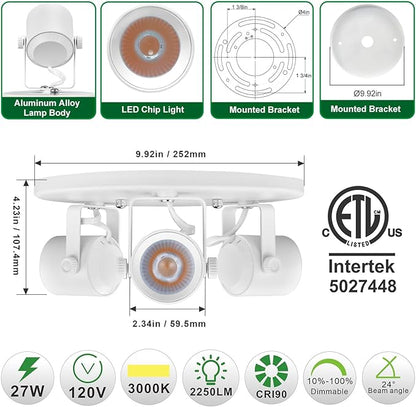 Arcfox 27W 3000K 3 Light LED Flush Mount Ceiling Spotlight Fixture Adjustable Round Track Lighting Fixtures Ceiling ETL, 24°, CRI90 for Living Room Bedroom Shop Accent Task Lighting