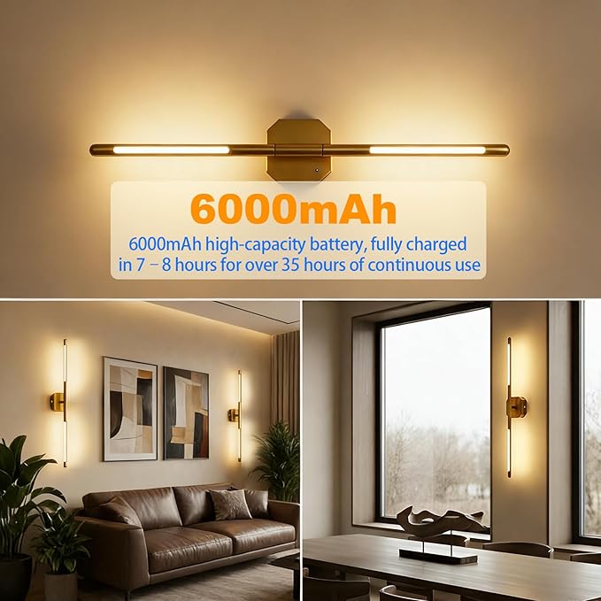 Rechargeable Wall Sconce Set of 2, 35Hrs+ Battery Operated Wall Lights, Wireless Wall Sconce with Remote, 360° Rotatable, Dimmable 3 Color LED Cordless Wall Sconce for Bedroom, Living Room, 27in Gold