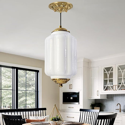 Milk Glass Pendant Light, 5.5 Inch White Adjustable Cord Hanging Lamp, Dimmable E26 Base Vintage Pendant Light Fixture for Bedroom Bathroom Entryway