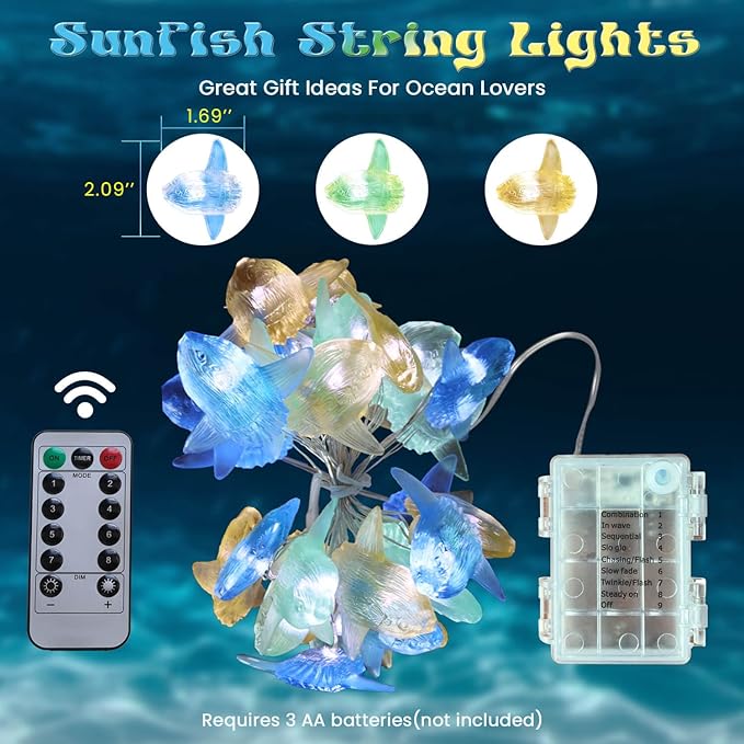 Sea Life Decor Ocean Fish String Lights Indoor Outdoor Mola Sunfish Nautical Theme Ocean Beach Decorative Lights Cute Marine Life Fairy Lights 30LED 10ft Battery Operated for Bedroom Garden Camp Tent