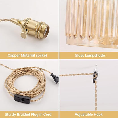 Shenmoyl Plug in Pendant Light Hanging Light Fixtures with Plugin Cord On/Off Switch,Amber Striped Glass Lampshade Brass Pendant Light