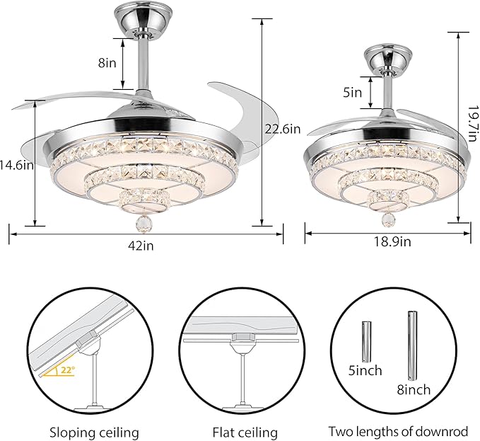 42" Fandelier Invisible Ceiling Fan Chandelier with Light,Modern Crystal Ceiling Fan Light Remote Control 4 Retractable ABS Blades for Bedroom Living Dining Room Decoration