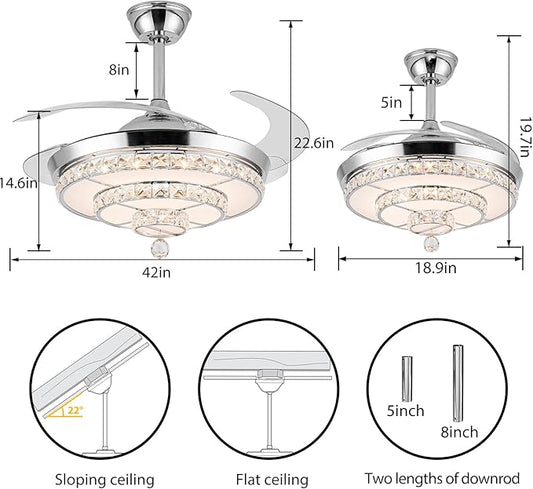 42" Fandelier Invisible Ceiling Fan Chandelier with Light,Modern Crystal Ceiling Fan Light Remote Control 4 Retractable ABS Blades for Bedroom Living Dining Room Decoration