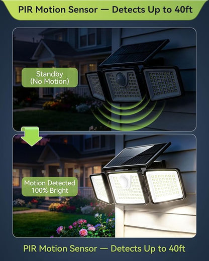 daphino 2500LM Solar Lights Outdoor with Motion Sensor,3 Head 270° Wide Angle Street Area Lights,IP65 Waterproof Security Lighting with 3 Modes(Remote,1 Pcs)