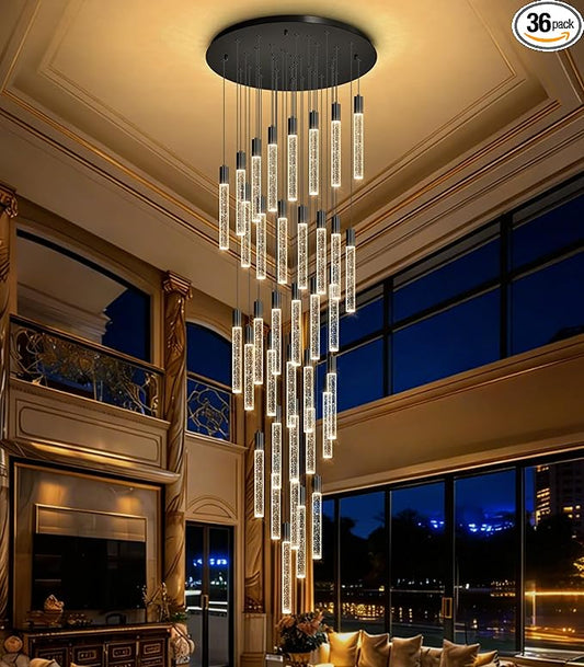 HAIXIANG 16 Foot Chandeliers for Living Room Entryway High Ceiling Light Fixtures Sloped Flush Mount Ceiling Pendant Lighting Dimmable Chandelier with Remote LED Crystal Pendants Lighting Black Light