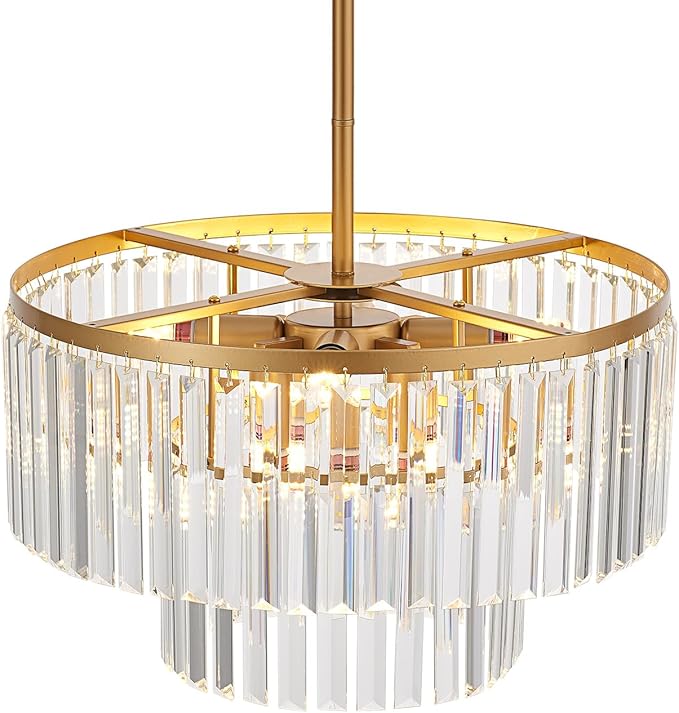 17.7" Gold Semi Flush Mount 2-Tier Crystal Ceiling Light Fixtures for Dining Room Modern Industrial 8-Light Chandeliers Lighting for Bedroom Entryway Hallway Kitchen Island Living Room Foyer
