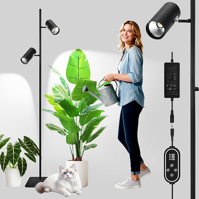 60W Full Spectrum Grow Light, Dimmable COB LED Dual-Head Floor Plant Lamp with High PPFD&CRI, 6/8/12H Timer, Adjustable Height (37"-77") & Angle – Standing Grow Lights for Indoor Plants