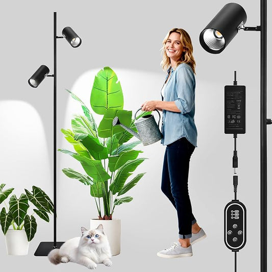 60W Full Spectrum Grow Light, Dimmable COB LED Dual-Head Floor Plant Lamp with High PPFD&CRI, 6/8/12H Timer, Adjustable Height (37"-77") & Angle – Standing Grow Lights for Indoor Plants