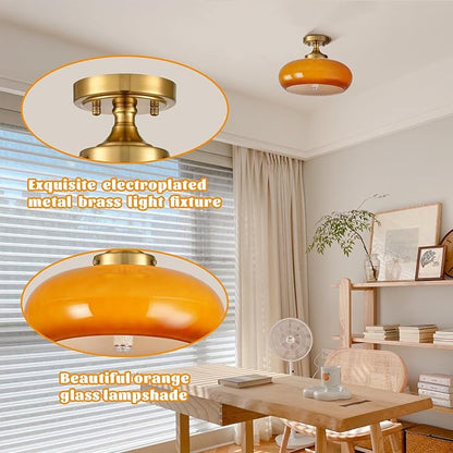Mid Century Modern Semi Flush Mount Ceiling Light, Orange Vintage Glass Ceiling Lamp for Kitchen Hallway Living Room Entryway Bathroom Light Fixture