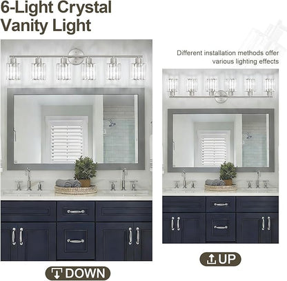 Crystal Bathroom Light Fixtures,Bathroom Lighting Fixtures Over Mirror, Modern 6-Light Brushed Nickel Vanity Lights for Mirror, Restroom,Kitchen(Ceramic E26 Socket,Bulbs Not Include)