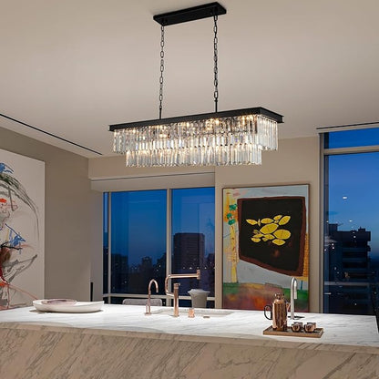 Weesalife Crystal Chandeliers for Dining Room Light Fixtures Over Table，15-Lights Black Modern Rectangle Chandeliers for Kitchen Island Bar L40 Inch