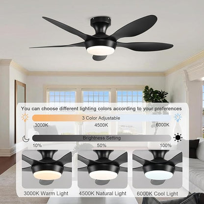 GJeg Ceiling Fan with Lights, 46 Inch Low Profile Ceiling Fan with Light and Remote Control, Flush Mount, 6 Speeds Reversible, Dimmable Noiseless Ceiling Fans for Bedroom, Black