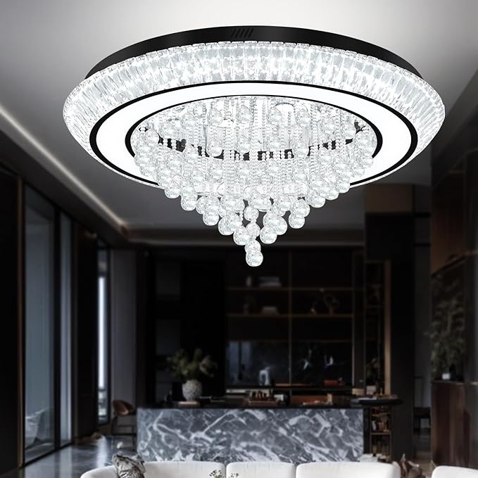 40in Black Flush Mount Chandelier Ceiling Light, Raindrop Chandeliers for Dining Room, Glam Crystal Chandeliers, Modern Led Luxury Chandelier for Living Room, Bedroom