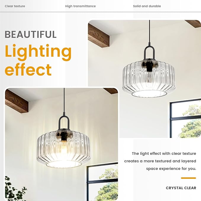 Clear Glass Pendant Light Fixture Kitchen Island Farmhouse Dining Room Pendant Lights Striped Wave Globe Lamp Shade Black Metal Light fixtures Modern Glass Ceiling Hanging Lighting