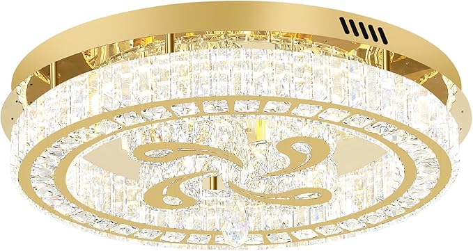 24'' Gold Modern Crystal Chandelier LED Dimmable Flush Mount Crystal Ceiling Light for Living Room Bedroom Dining Room