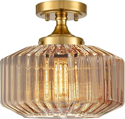 Flush Mount Light Fixture 11.02" Farmhouse 1 Light Ceiling Fixture with Amber Striped Hand Blown Glass Shade, E26 Base for Kitchen, Dining Room, Hallway