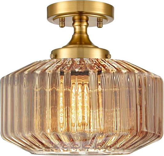 Flush Mount Light Fixture 11.02" Farmhouse 1 Light Ceiling Fixture with Amber Striped Hand Blown Glass Shade, E26 Base for Kitchen, Dining Room, Hallway