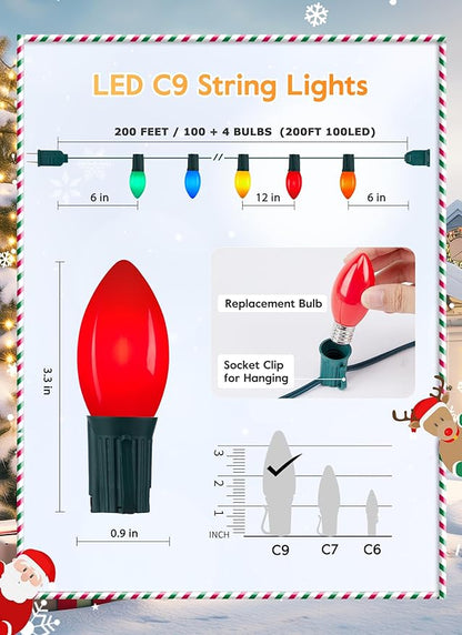 Brightown Vintage C9 LED Christmas Lights Outdoor, 200 Feet String with 100 Shatterproof Bulbs, Waterproof Connectable Tree Lights for Outside Roofline Patio Xmas Decorations, Multicolor