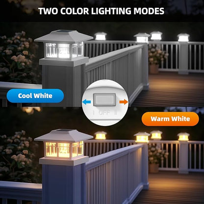 EXCMARK 4x4 Solar Post Cap Lights, 4 Pack Fence Deck Post Lights Outdoor Solar Powered Waterproof with Two Light Modes Warm&Cool White for Garden Patio Decor. (Classic White, 4)