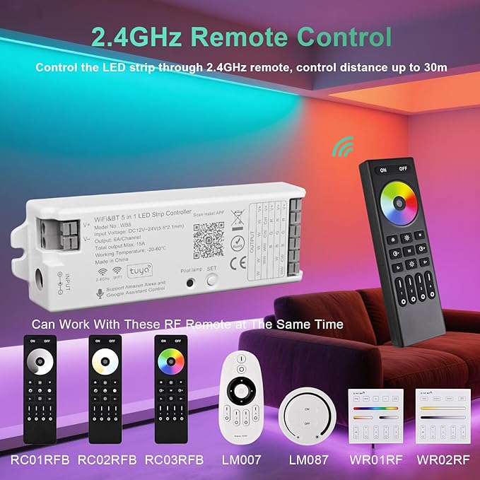 5 in1 WB5 2.4GHz WiFi PWM LED Controller Compatible with Alexa/Google Home/Tuya Smart Life APP Control for Dimming CCT RGB RGBCCT RGBW LED Strip Match WR01RF WR02RF etc RF Remote