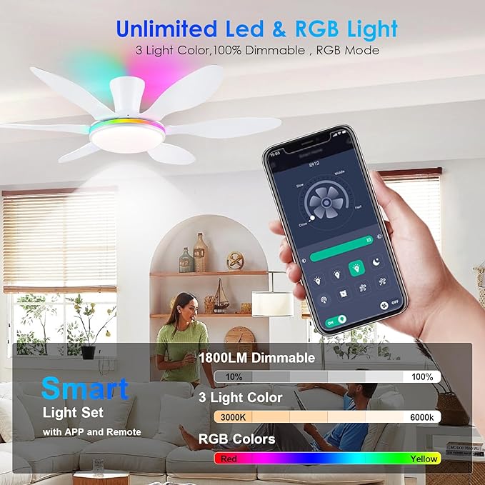 Ceiling Fans with Lights, 51 inch Modern White Low Profile Ceiling Fan with Light and Remote App Control, Flush Mount, Quiet DC Reversible, RGB Led Ceiling Fan 6 Blade Softer Wind Indoor/Outdoor Patio