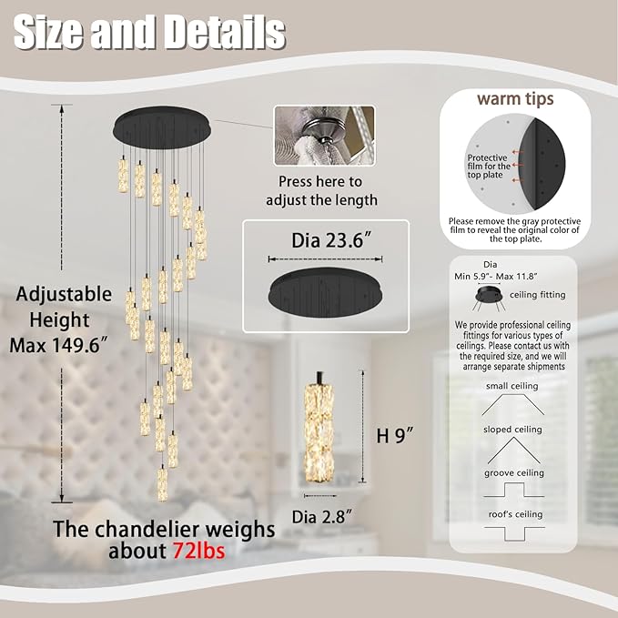 ykolupty Modern Crystal Chandelier 24-Lights Black Chandelier Lighting Fixture High Ceiling Chandelier Suitable for Living Room Staircase Villa