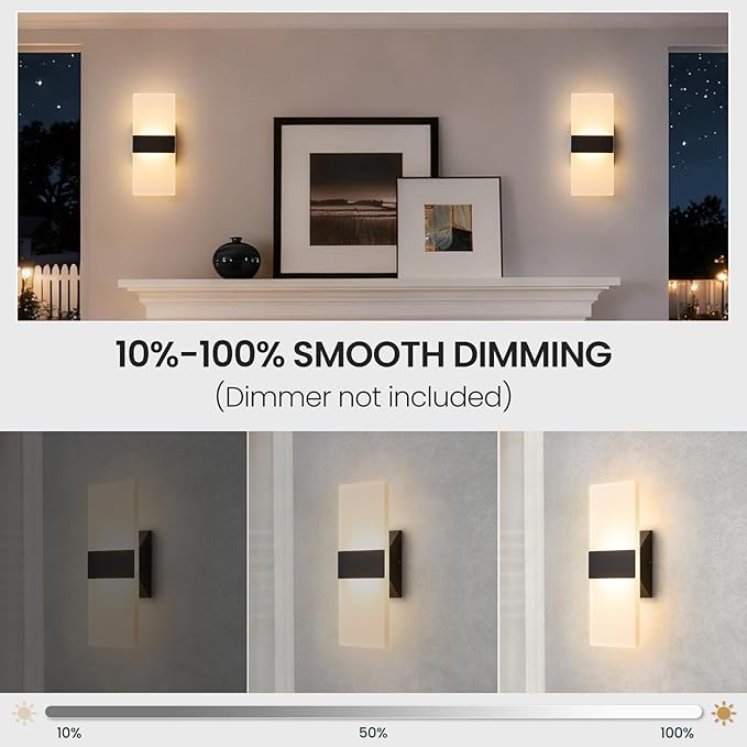 12 Inch Modern Black LED Wall Sconce, Indoor Dimmable Wall Lights, 12W 2700K-5000K Adjustable, Hardwired Up and Down Acrylic Wall Mount Light for Living Room Bedroom Hallway, ETL