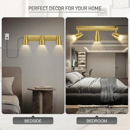 Plug-in Track Lighting LED, Track Light Fixtures Ceiling Kit, 15.7" Gold 3 Way Wall Lights for Kitchen, Plug in Ceiling Light with 14.8ft Power Cord,Rotatable Spotlight for Hallway(GU10 Base,No Bulb)