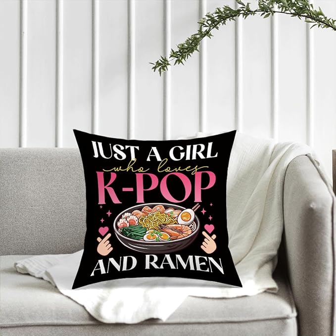 K-pop Decor, Just a Girl Who Loves K-pop Room Decor, K-pop Gifts Pillow Cover Rustic Anime Lovers Throw Girls for Room Home Girl Bedroom Decoration Gifts