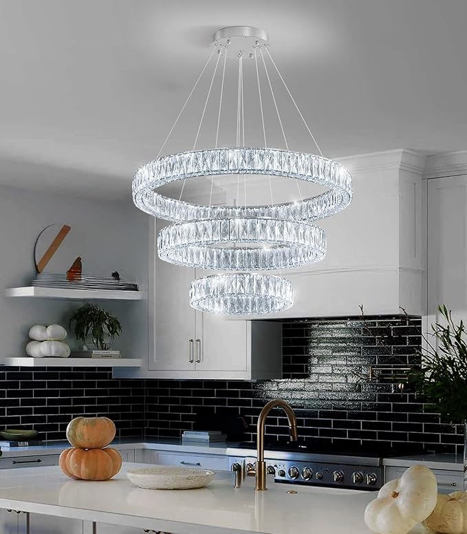 HAIXIANG Modern Glam Chandelier Crystal LED Remote Rings Chandelier Adjustable Hanging Ceilings Pendant Lights Fixture Silver 8"+16"+24" Rings Lighting