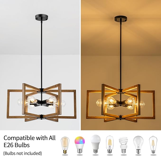 6 Light Farmhouse Chandelier, 23.62" Modern Chandelier for Entryway with Wooden Finish Industrial Rustic Hanging Pendant Light for Bedroom,Kitchen,Foyer,Living,Dining Room Lighting Fixtures