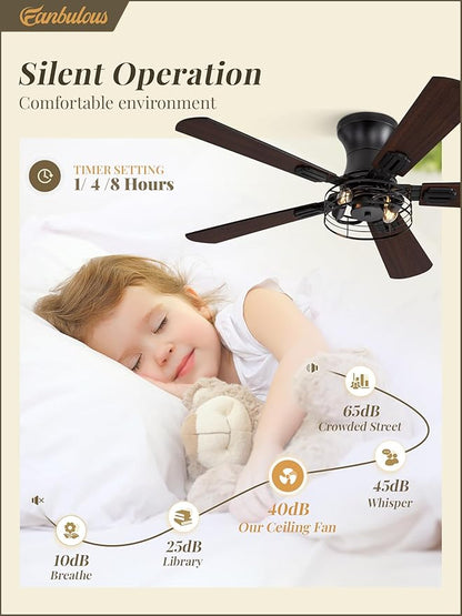 1 Pack Flush Mount 42 Inch Farmhouse Ceiling Fan with Light, Caged Ceiling Fans for Bedroom Living Room, Double-Sided 5 Blades Rustic Ceiling Fan-Black
