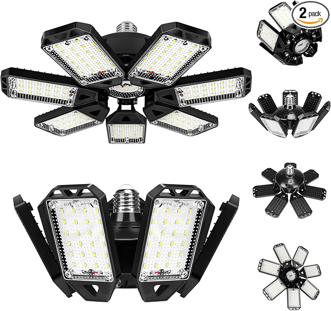Aoretic LED Garage Lights Bulb 2 Pack 180W 18000LM 6500K Led Shop Light with 7 Plus 1 Deformable Panels Basement Barn Ceiling Lights for E26/E27