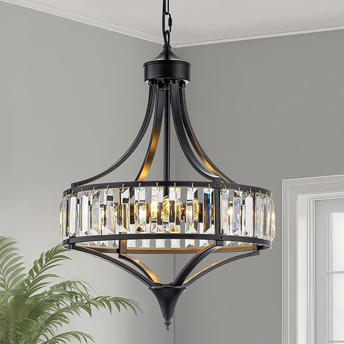 Black Crystal Chandeliers for Dining Room, 15.7" Modern Farmhouse Foyer Chandelier for Entryway, 4-Light Pendant Light Fixtures Over Table for Kitchen Island Bathroom Living Room Bedroom