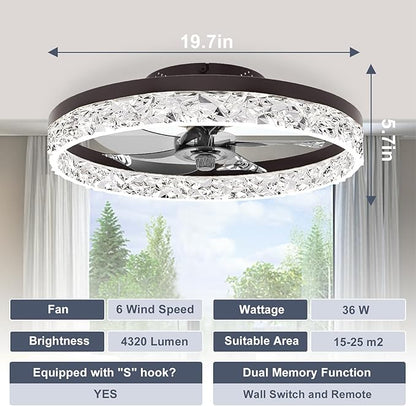VOLISUN Modern Ceiling Fans with Lights and Remote, 19.7in Low Profile Ceiling Fan Flush Mount, 3000K-6500K Dimmable Bladeless LED Fan Light, Brown Fandelier Ceiling Fans with Lights for Bedroom