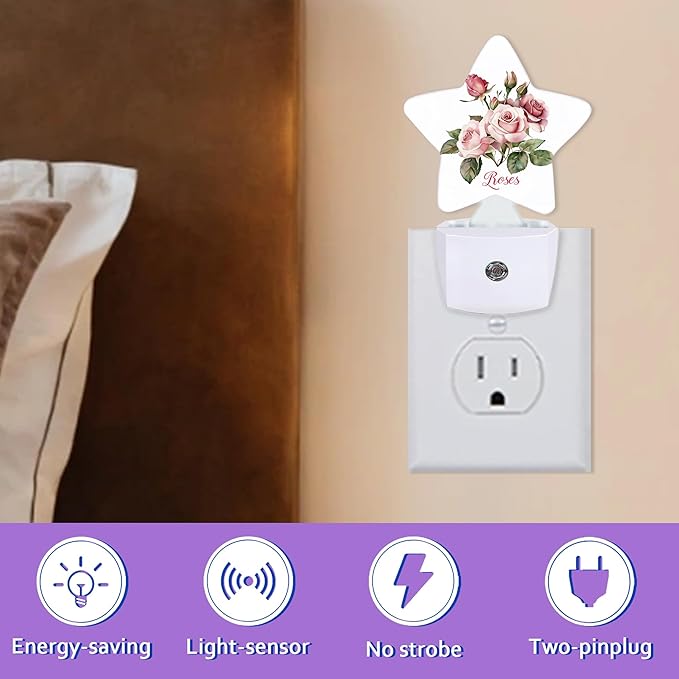 Night Lights Plug Into Wall Decorative,Retro Rose Flower Nightlights for Kids Bedroom, Pink Floral Energy Efficient Dusk-to-Dawn Sensor Sleep Friendly Lamp for Nursery Bathroom