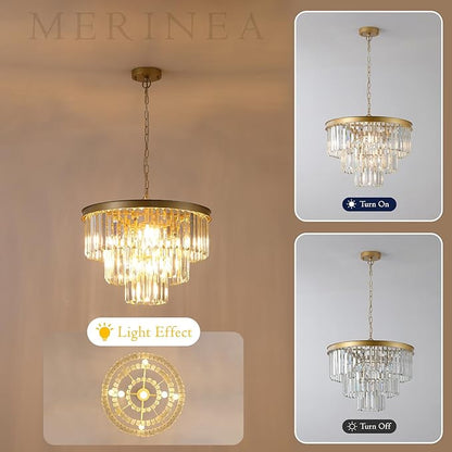 Gold Crystal Chandeliers Modern Round 20" Chandelier 7 Lights Ceiling Pendant Light Fixture Luxury 3-Tier K9 Crystal Lighting for Living Room Dining Room Bedroom Kitchen Foyer