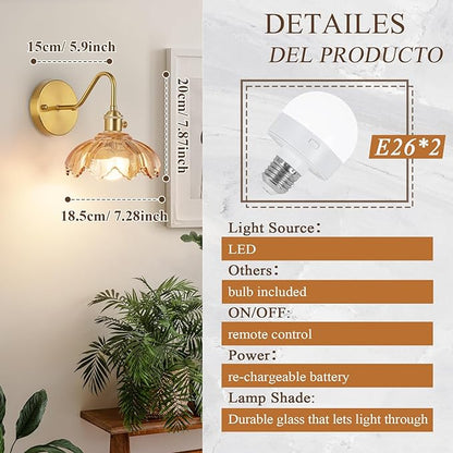 Vintage Glass Sconces, Battery Operated Wall Light with Remote, Rechargeable Wall Sconces RGB, No Socket Required, Easy to Install, Vintage Wall Sconce for Bedroom, Hallway, Aisle