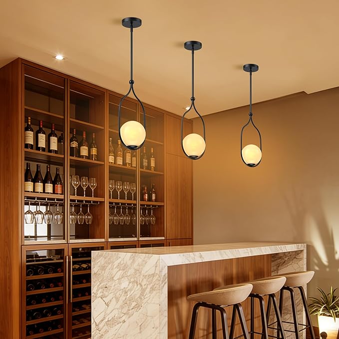 Globe Pendant Light, Modern Bubble Chandelier and Hand Blown Glass Chandelier with Black Finish Adjustable Rods for Kitchen Island Dinning Room Bedroom Living Room Home Owners
