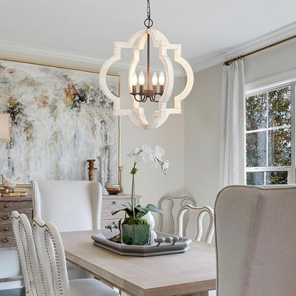 22" Oak Distressed White Chandeliers for Dining Room Farmhouse Wood Pendant Lights Kitchen Island 4-Light Orb Lantern Cage Ceiling Hanging Light Over Table for Entryway Foyer Living Room Bedroom