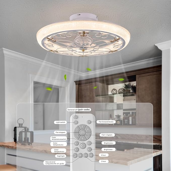 20" White Caged Ceiling Fan with Lights Remote Control with Crystal Sand Lampshade, Rustic Industrial Ceiling Fan with Light for Kitchen Bedroom Living Room