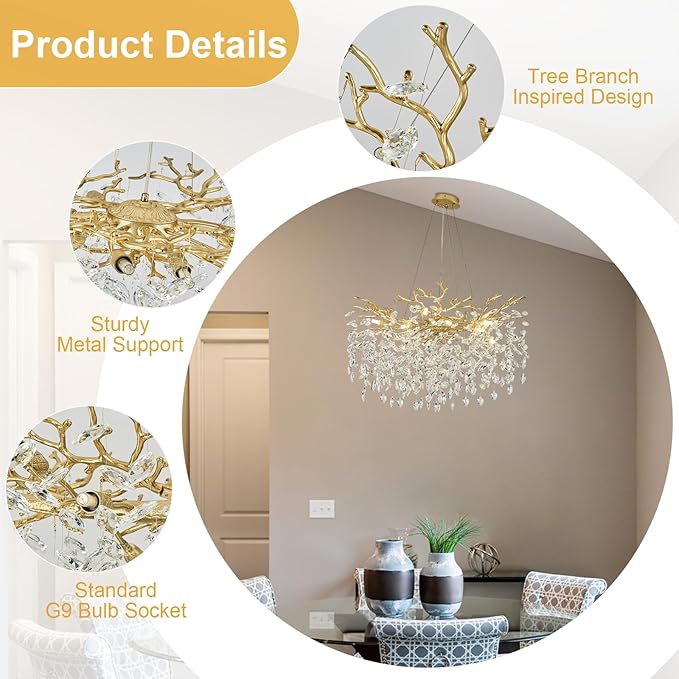 31.5" Modern Crystal Chandeliers for Dining Room,Gold Crystal Tree Branches Chandelier, Round Dining Room Chandelier Over Table, Chandeliers for Living Room, Entryway,Foyer