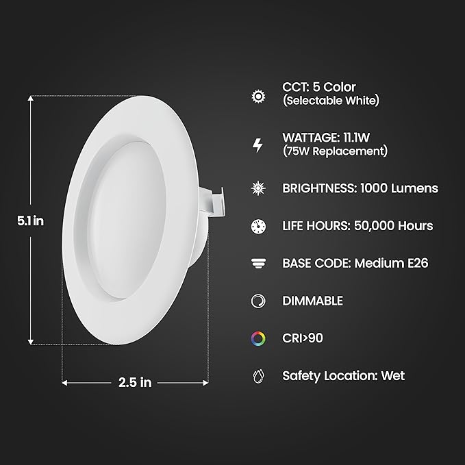 Feit Electric Enhance 4in LED Recessed Downlight, 75W Equivalent, 1000 Lumens, Dimmable, Adjustable White Color Temperature, Fits Most 4-Inch Housings, 90+ CRI, 50,000-Hour Lifetime, LEDR4XHO/6WYCA