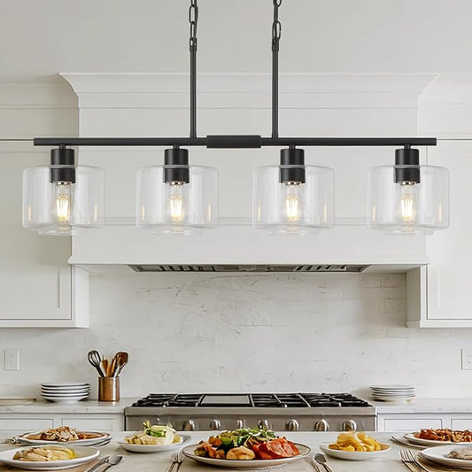 4-Light Kitchen Island Lighting, Modern Black Linear Dining Room Chandelier Light Fixtures with Clear Glass and Chain, Farmhouse Hanging Lights for Kitchen Island Dining Room, OS-YQ8153-4ISBKC