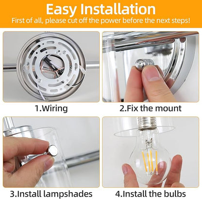 3 Lights Vanity Light, Polished Chrome Bathroom Wall Light Fixture Over Mirror, Modern Wall Sconce with Clear Glass Shade, Farmhouse Mount Lamp for Washroom, Living Room, Workshop