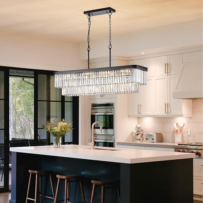 L40” Large Modern Rectangular Chandeliers 12 Lights Luxury K9 Crystal Ceiling Pendant Light Fixture Modern Black Long Chandelier for Kitchen Island Dining Room Living Room Bar